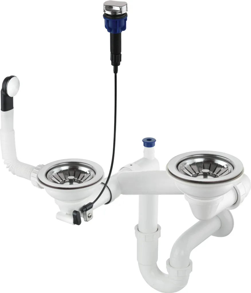 Siphon spécial évier granit double bac blanc chrome pour rénovation