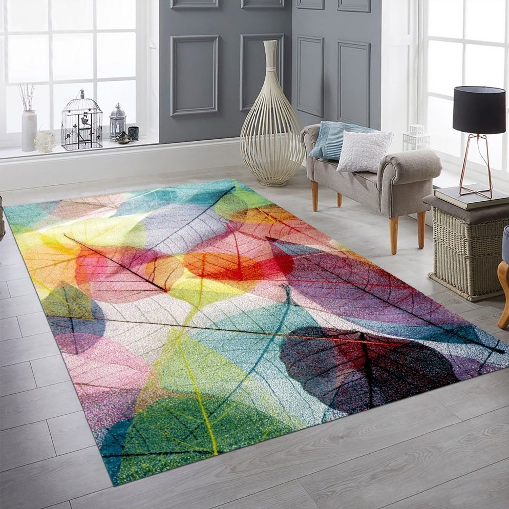 Wohnzimmerteppich Schlafzimmer Blätter Muster pflegeleicht bunt Größe - 140 x 200 cm