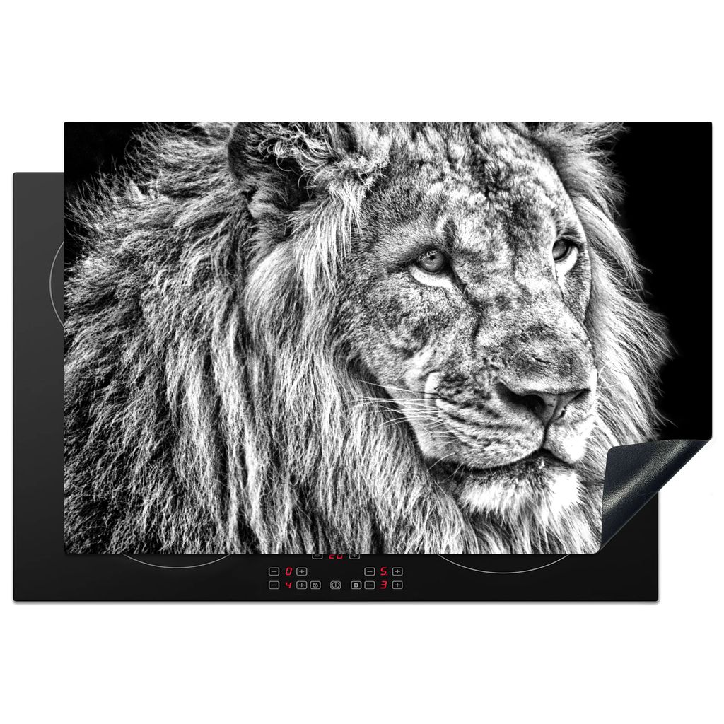 KitchenYeah Herdabdeckplatte Porträt - Löwe - Schwarz und weiß , 76x51cm, Küche Deko, Glaskeramikkochfeld Herdabdeckung, Abdeckplatte fùr Ko...