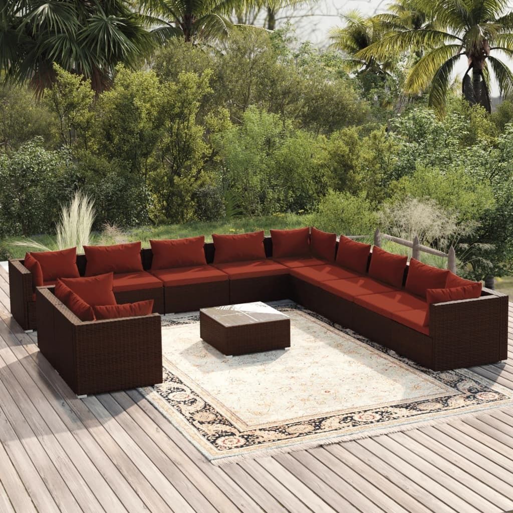 12-tlg. Garten-Lounge-Set mit Kissen Braun Poly Rattan Produktbild 