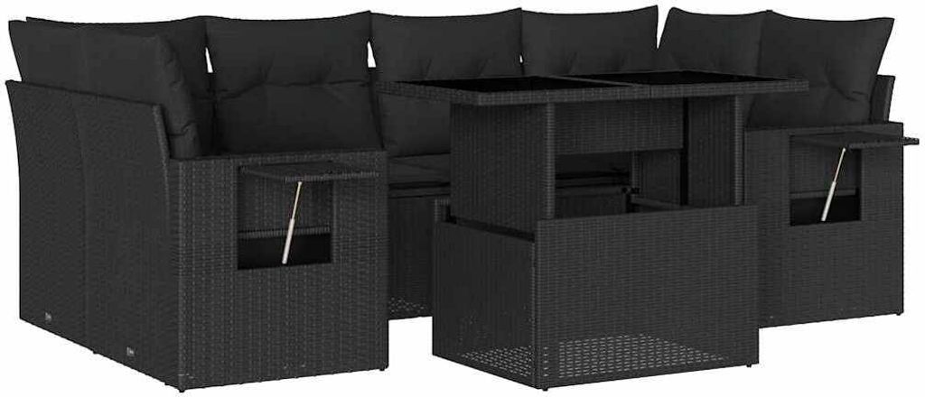 vidaXL 7-tlg. Garten-Sofagarnitur mit Kissen Schwarz Poly Rattan