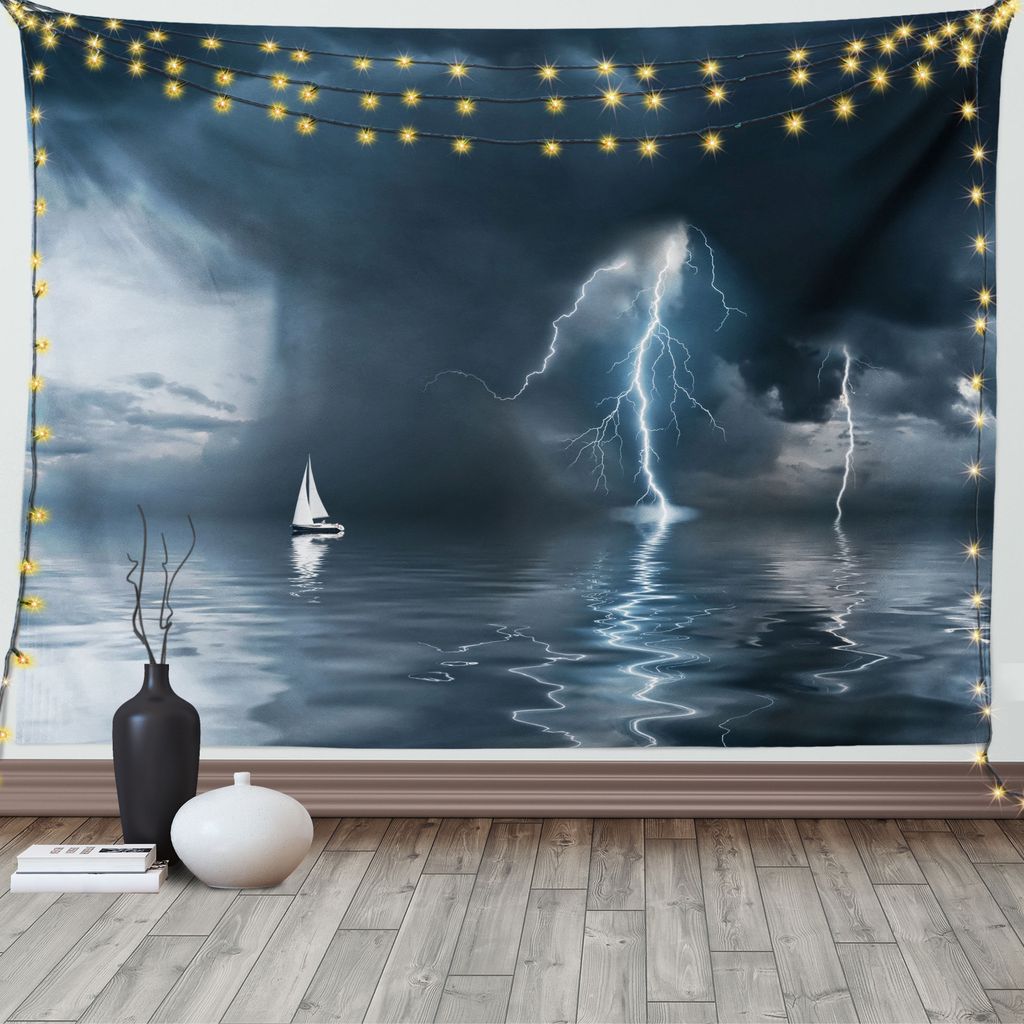 ABAKUHAUS Segelboot Wandteppich, Yacht auf dem Meer, Wohnzimmer Schlafzimmer Wandtuch Seidiges Satin Wandteppich, 150 x 100 cm, Blau grau