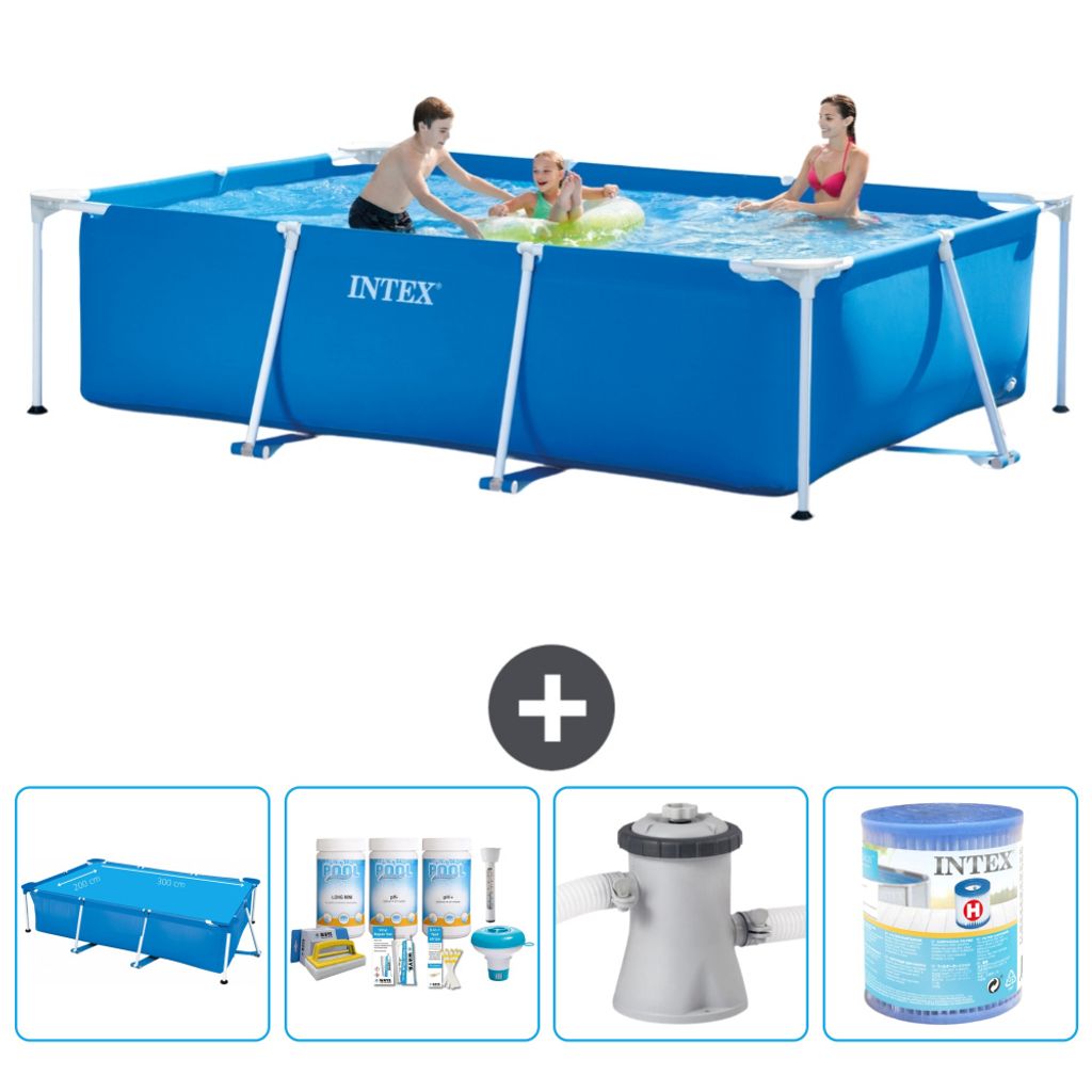 Intex-Schwimmbecken mit rechteckigem Rahmen – 300 x 200 x 75 cm – Blau – im Lieferumfang enthalten Sonnensegel - Wartungspaket - Filterpumpe ...