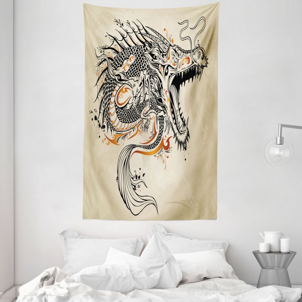 ABAKUHAUS Drachen Wandteppich und Tagesdecke, Doodle Kreatur aus Weiches Mikrofaser Stoff Waschbar ohne Verblassen Digitaldruck, 140 x 230 cm, Beig...