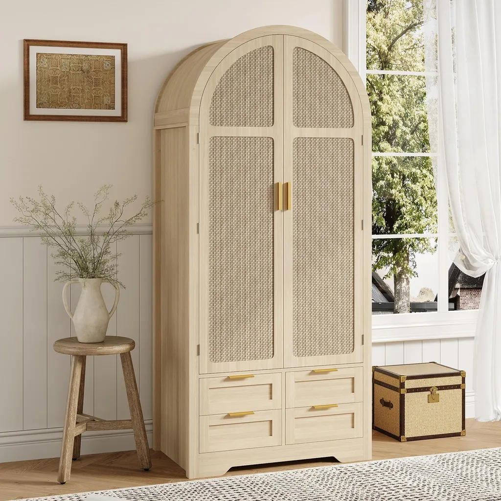Merax Armoire Moderne Portes Courbées avec Penderie et Tiroirs Naturel