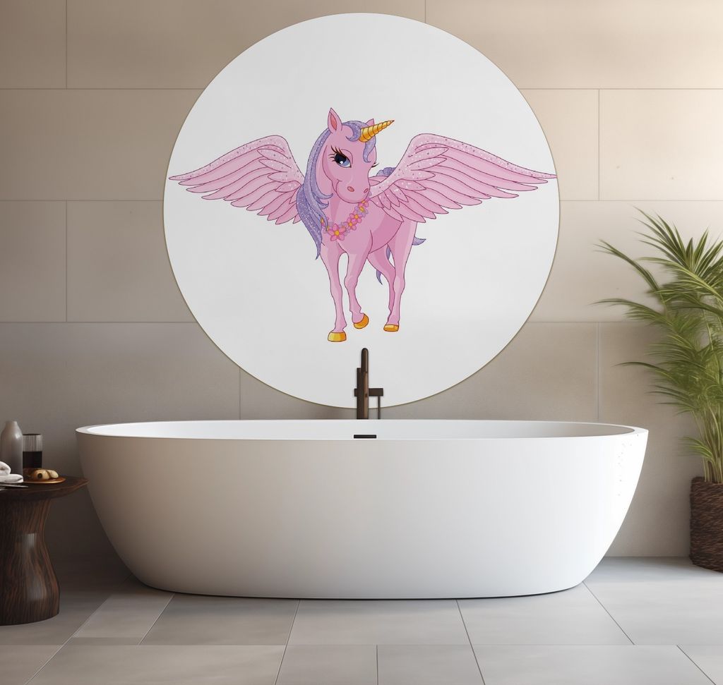 Wallario wasserfestes Poster selbstklebend 120 x 120 cm, Rosa Einhorn mit großen Flügeln, Badezimmerposter Spritzschutz mit Hochglanzoberfläche ...