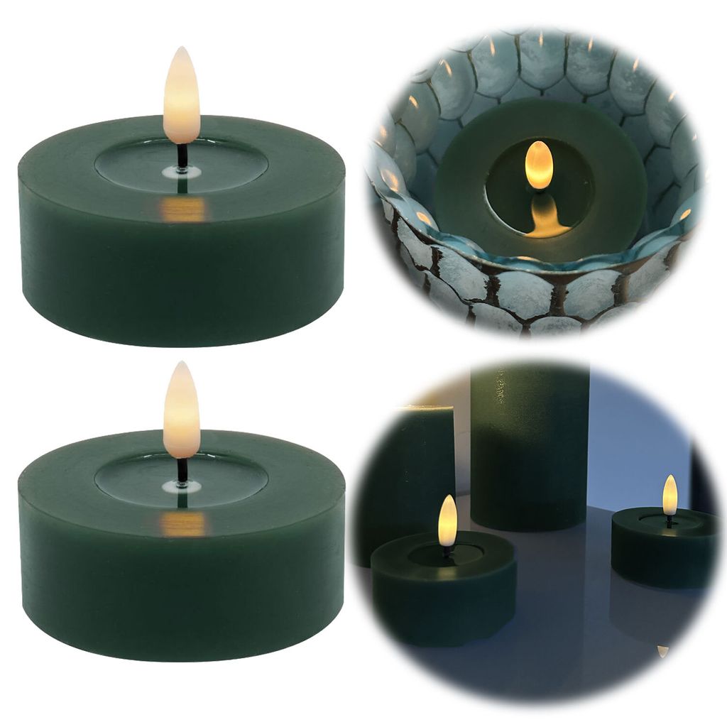 LS-LebenStil 2x XL LED 3D Teelichter Ribe Grün 6,8x3cm Echtwachs-Spiegel flackernde flammenlose Kerze optional mit Fernbedienung / Dimmer / Timer