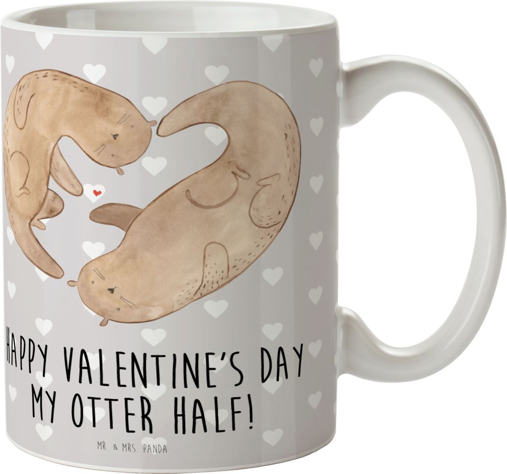 Mr. & Mrs. Panda Trinkbecher Otter Valentine - Grau Pastell - Geschenk, Tasse, für Freundin, Valentinstag, Kaffeetasse, Kaffeebecher, mit Spruch, ...