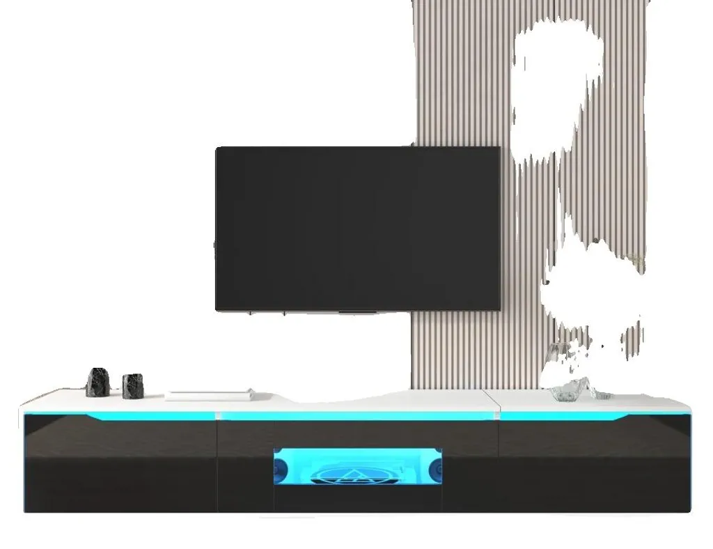 Banc TV avec éclairage LED modulable noir et blanc laqué - Série Lumina