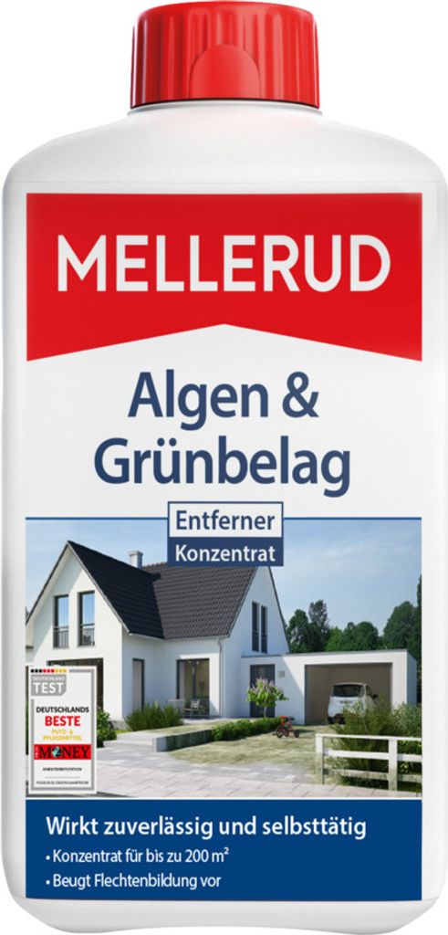 A bottle of Mellerud Algen & Grünbelag Entferner Konzentrat with a picture of a house on the label.