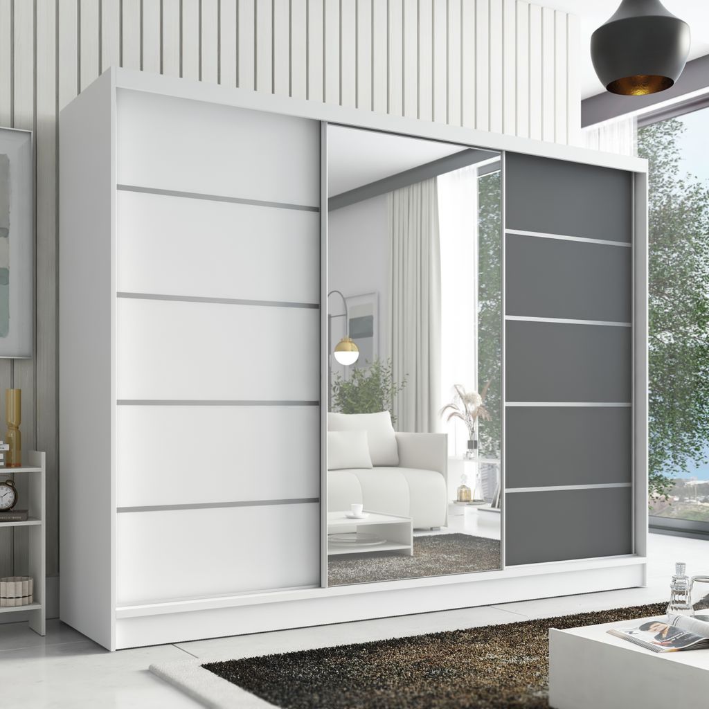 Schwebetürenschrank, 3-türig Schrank 200 cm mit Spiegel AURELIA 1 (Weiß | Weiß | Graphit)