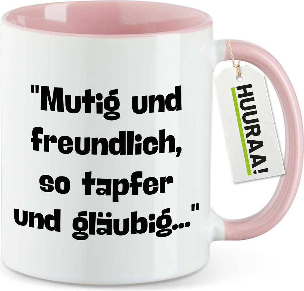 Huuraa Kaffeetasse Mutig freundlich tapfer und gläubig 330ml Rosa Keramik Kaffeebecher Geschenkidee