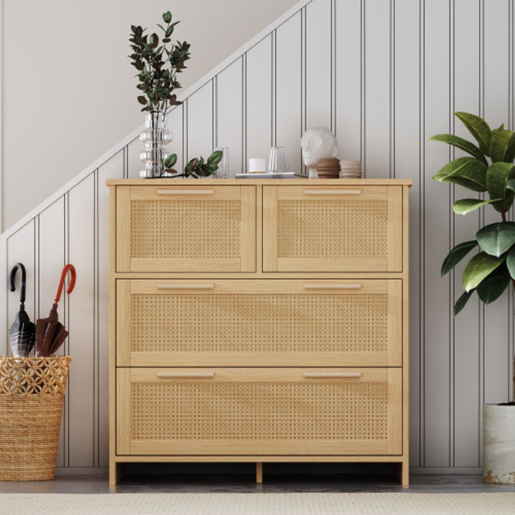 4-Schubladen-Rattan Schrank 80x38x80 cm Hochwertiger mit Massivholz Griffen Geeignet für Schlafzimmer Wohnzimmer Esszimmer