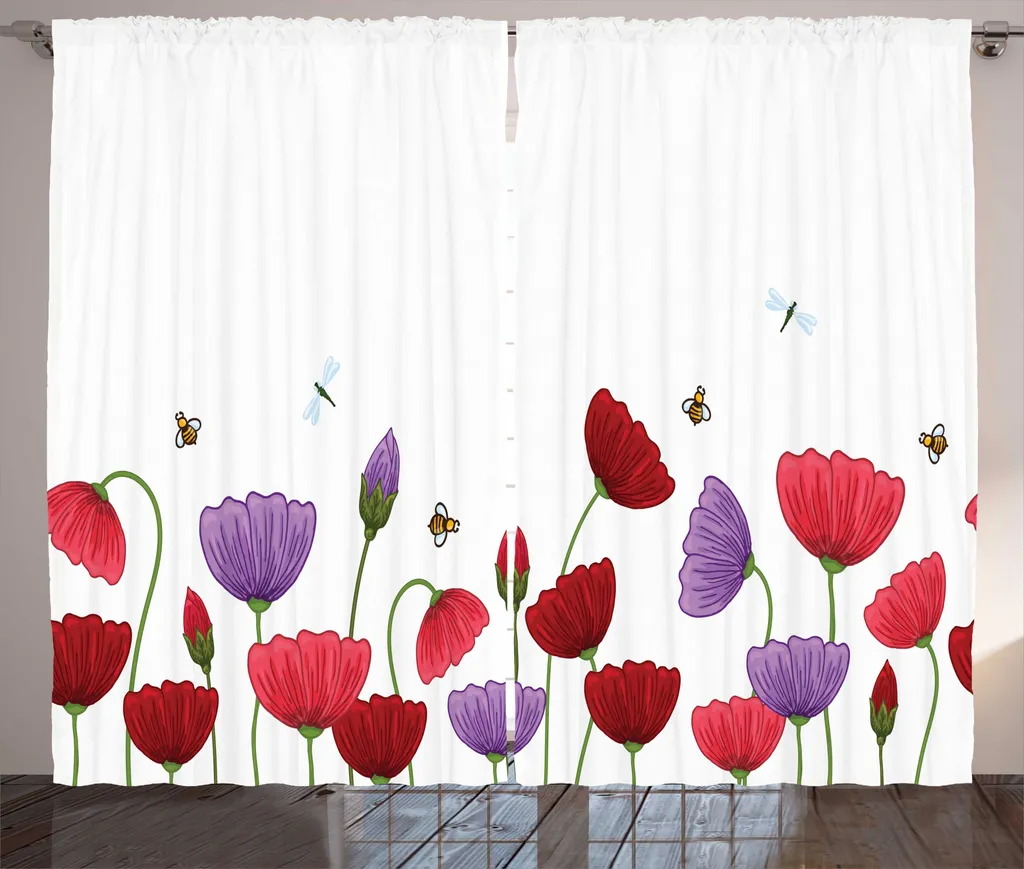 Rideau Fleurs Insectes style rustique coloris Rubis Corail Lavande