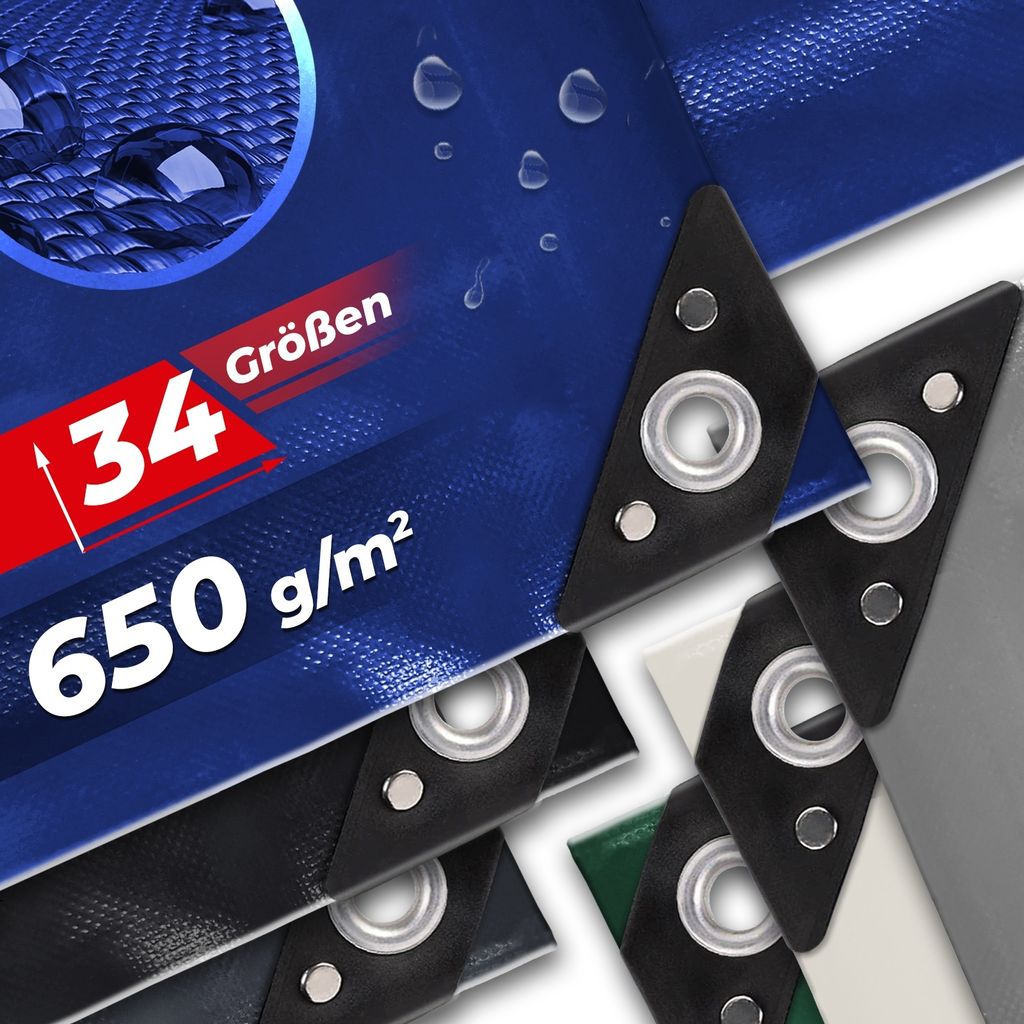 Abdeckplane mit Ösen verstärkte Ecken PVC 650g/m2 wetterfest UV wasserdicht LKW Plane Gewebeplane Gartenplane Schutz Farbe: Blau Maße: 2 x 8m (1...