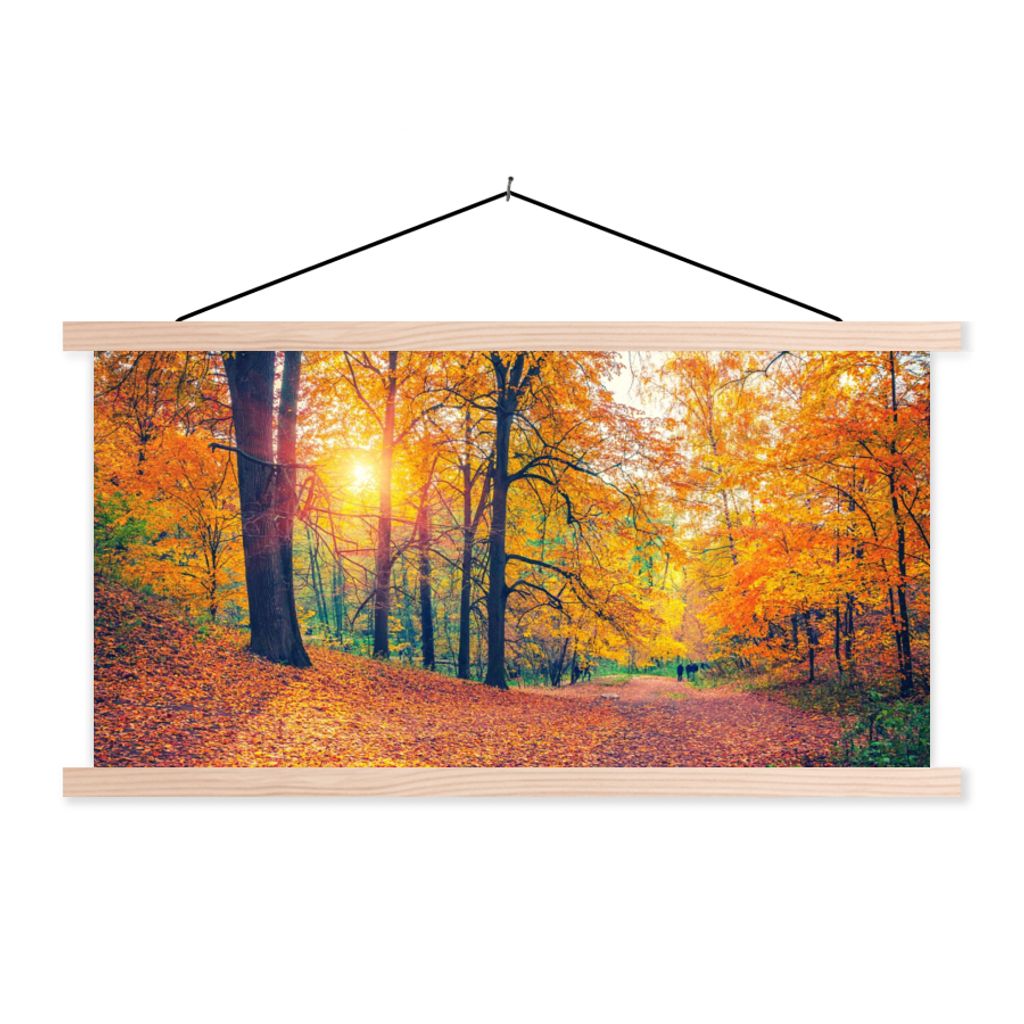 MuchoWow Textilposter Bäume - Herbst - Wald - Herbstliche Blätter 120x60 cm mit holzfarbenen Rahmen - Klemmleiste