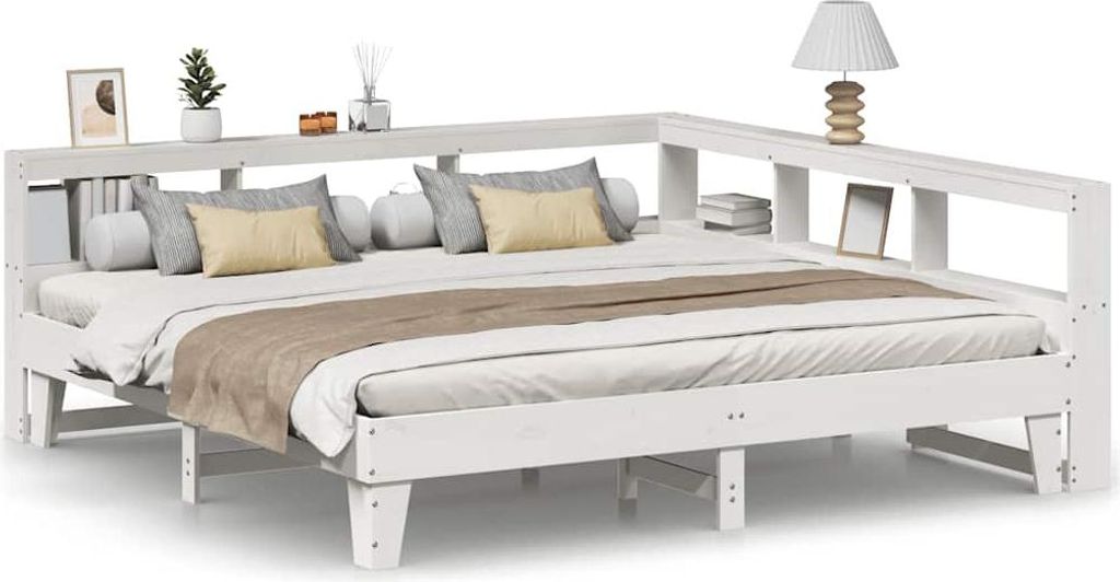 vidaXL Massivholzbett mit Regal ohne Matratze Weiß 200x200 cm Kiefer