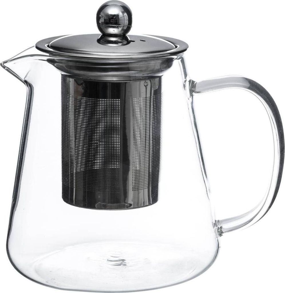 A clear glass teapot with a stainless steel infuser and lid, presented against a white background.