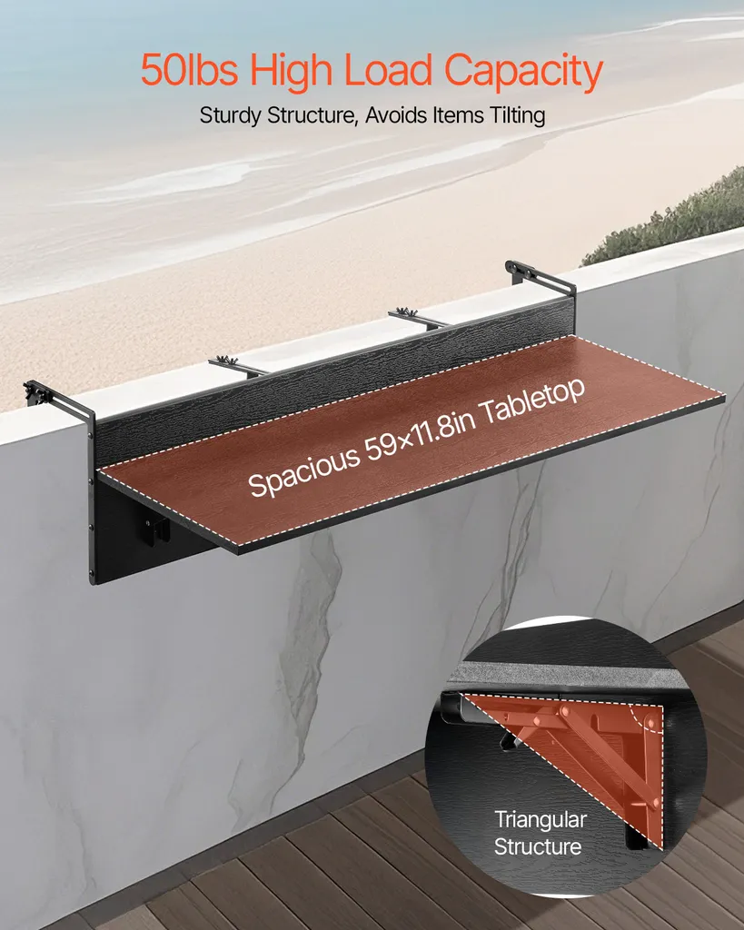 Scrivania da Balcone VEVOR 150x30cm Pieghevole: Ufficio all'Aperto - 3
