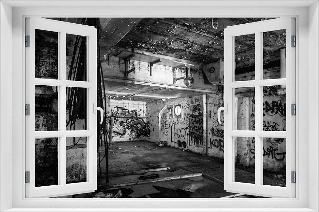 Wallario selbstklebendes Poster mit Fenster-Illusion - Alte verlassene Fabrik in schwarz weiß mit Graffiti, Größe: 100 x 150 cm