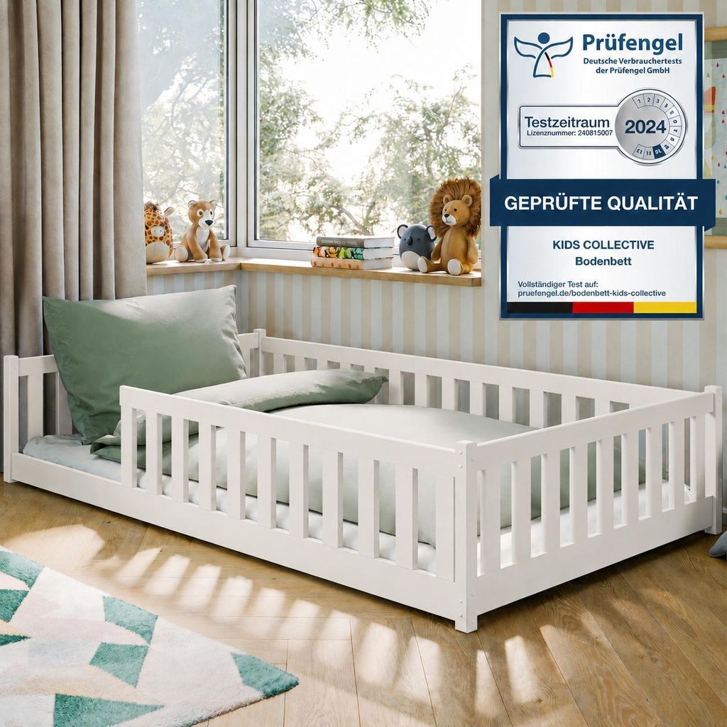 Kinderbett Bodenbett 120x200 cm mit Rausfallschutz, Matratze & Lattenrost Montessori Bett Bed Gitterbett Kinder Jugendbett Einzelbett | Baumwolle