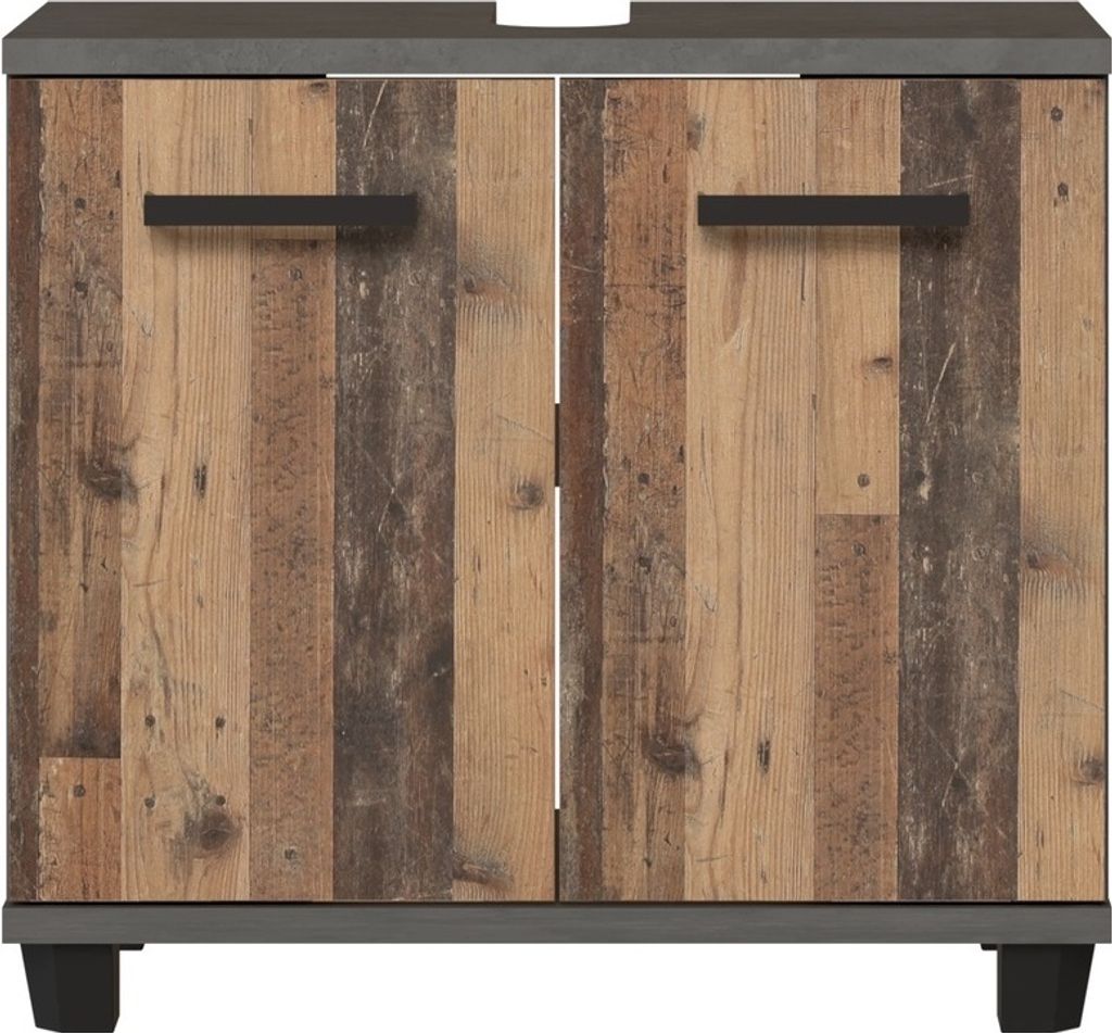 Waschbeckenunterschrank >Veris< 2 Türen, Old-Wood Vintage Nachbildung / Betonoptik - 68,6x62x34,8cm B/H/T