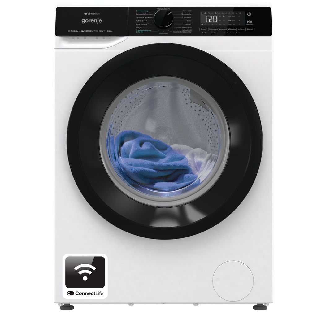 A front view of a white Gorenje washing machine with a black door and control panel.