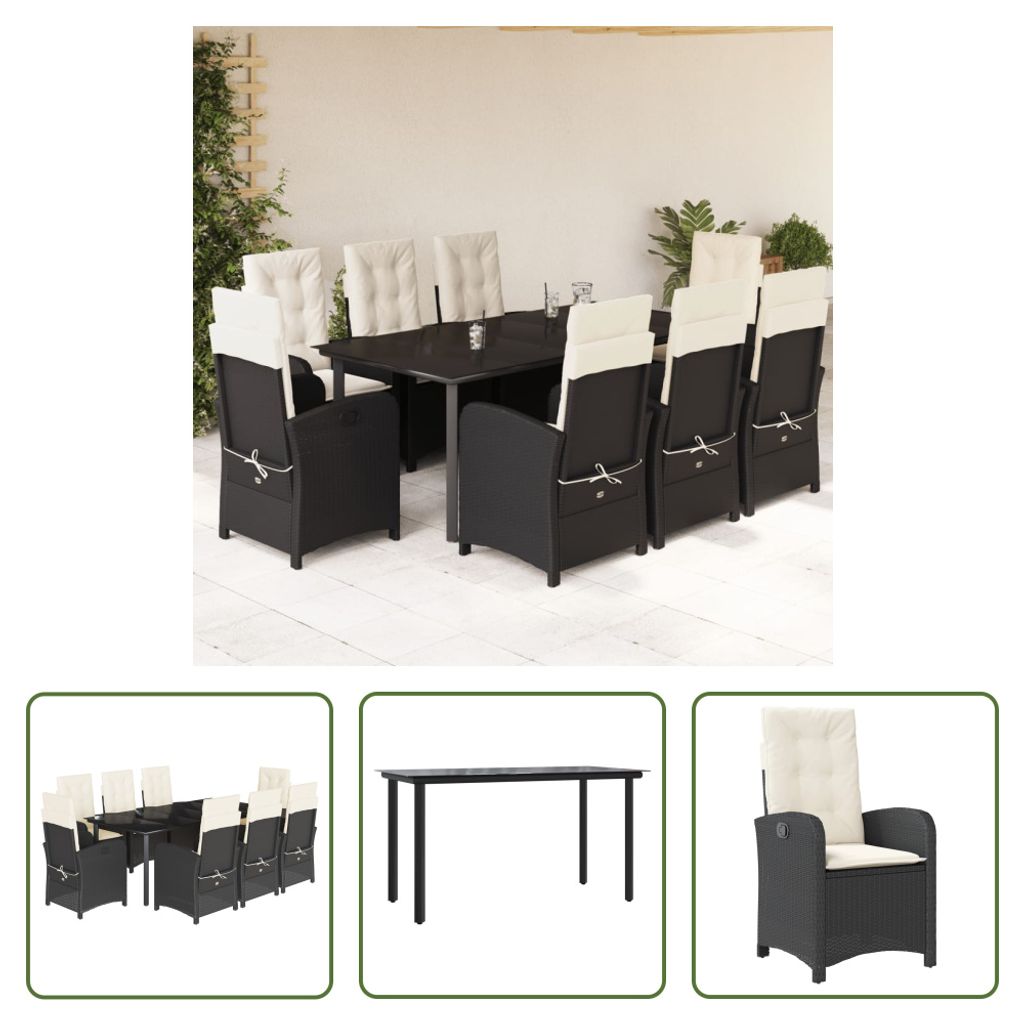 The Living Store 9-tlg. Garten-Essgruppe mit Kissen Schwarz Poly Rattan