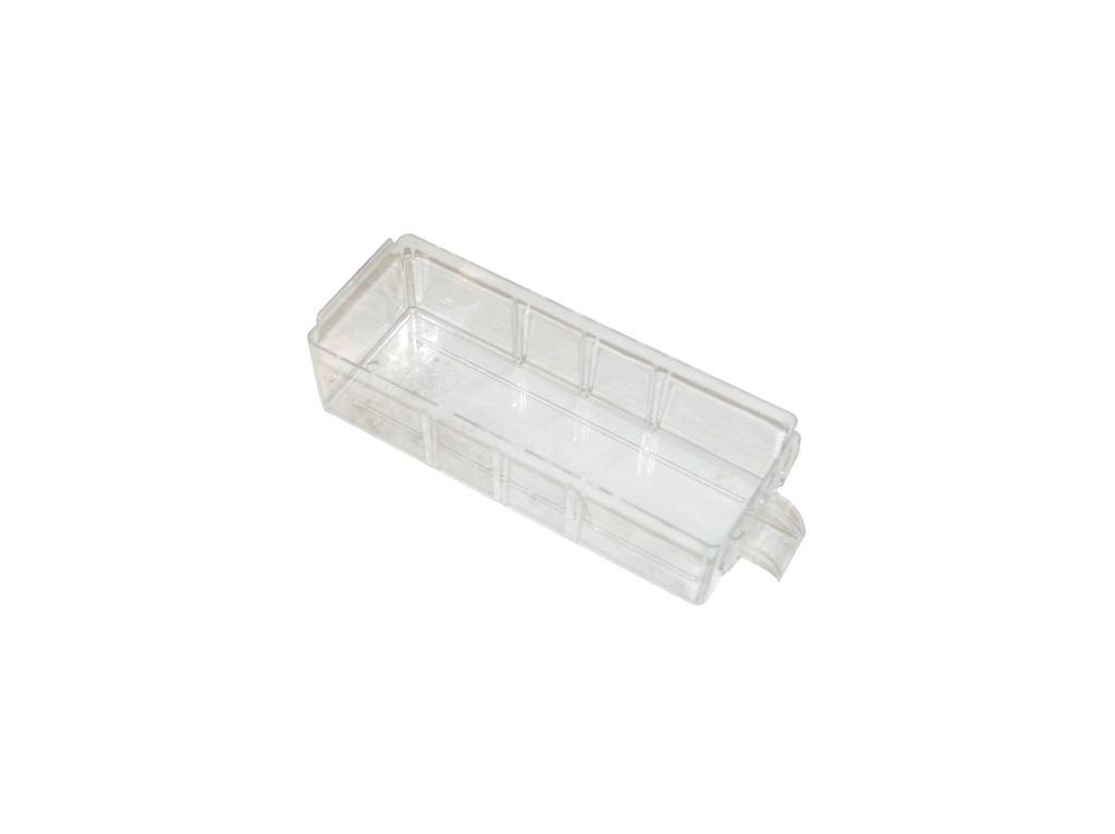 A clear plastic box with multiple compartments, shown from a slightly elevated side angle against a white background.