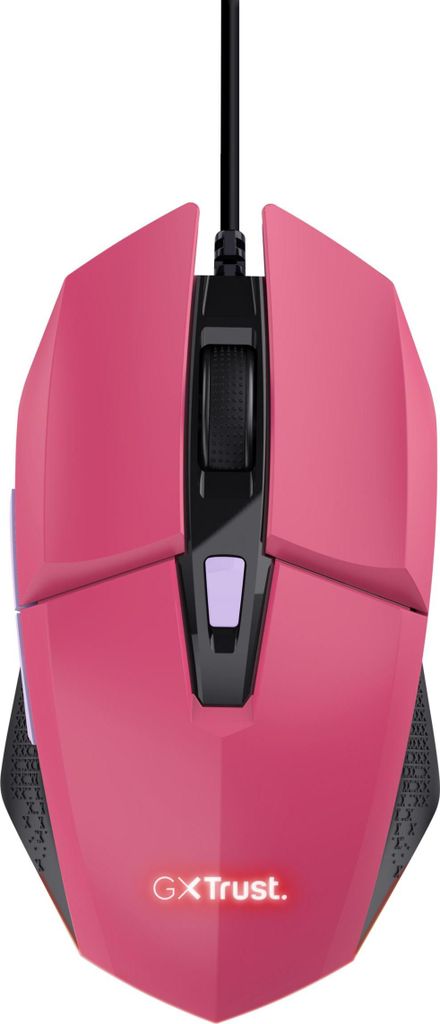 A pink gaming mouse is shown from a top-down perspective against a white background.