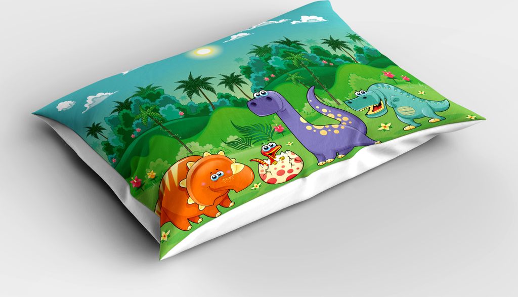 ABAKUHAUS Kindergarten Kopfkissenbezug, Lustige Dinosaurier und tropischer Regenwald-Karikatur-Dschungel-Grün-Landschaft scherzt Thema, 40x80 cm, ...