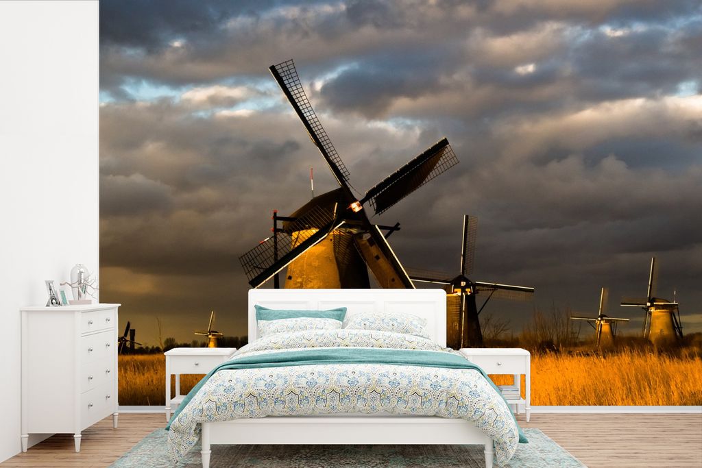 MuchoWow Fototapete für Wohnzimmer oder Schlafzimmer Wandtapete Vinyl Motivtapete Mühle - Nacht - Niederlande - 600x400 cm - Vinyltapeten
