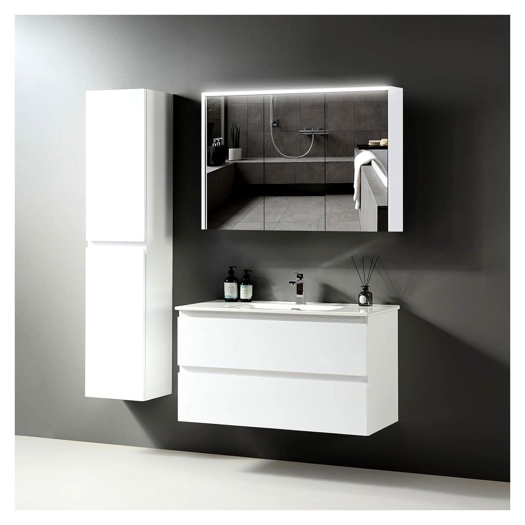 Waschbecken für Gäste-WC mit Unterschrank 100 cm Breite | Waschbeckenunterschrank in Weiß | Badezimmermöbel Set