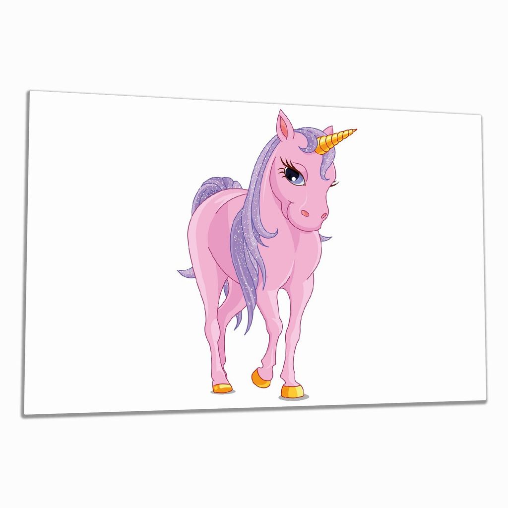 Wallario Herdabdeckplatte aus Glas, Größe 80 x 52 cm 1-teilig, Motiv Einhorn in rosa mit Schweif in lila II
