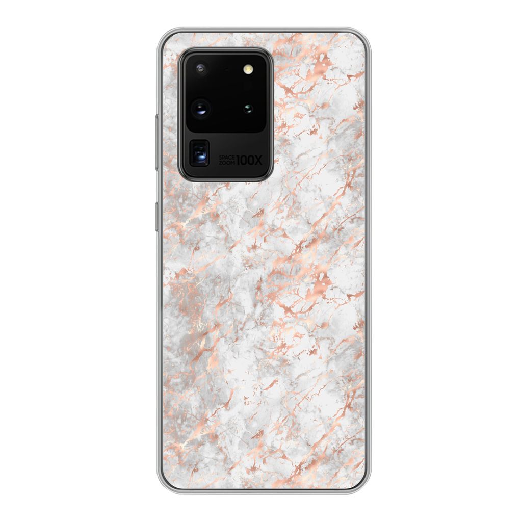 MuchoWow Handyhülle Schutzhülle Hülle für Samsung Galaxy S20 Ultra Roségold - Marmor - Weiß - Gemustert Silikon Softcase Handy Hülle - Kar...