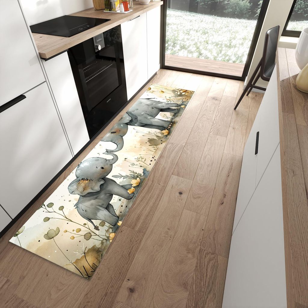 Küchenteppich 60x240cm rutschfest & abwischbar PVC Läufer - Elefantenfamilie