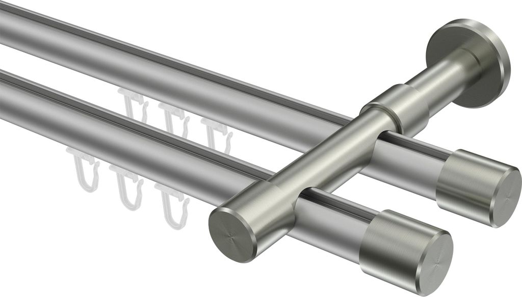 Interdeco Innenlaufstange / Gardinenstange mit Innenlauf Silbergrau / Edelstahl-Optik, Typ Prestige Santo (Kappe), 20 mm Ø 2-läufig, 100 cm