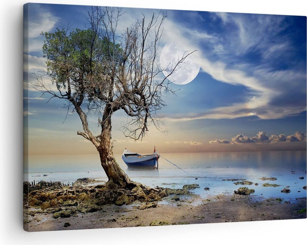 Bild auf Leinwand - Leinwandbild - Nacht Mond Boot - 70x50cm - Wand Bild - Wanddeko - Wandbilder - Leinwanddruck - Bilder - Kunstdruck - Wanddekora...