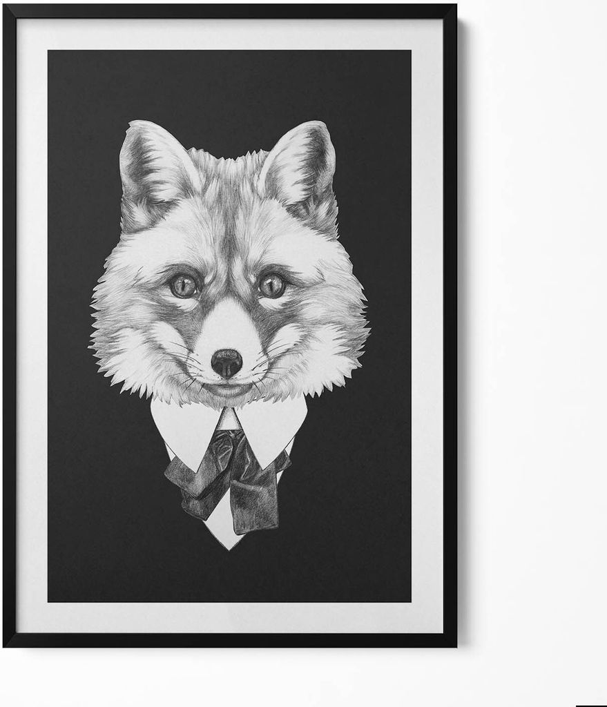 Illustration eines Fuchskopfes– Wandbild mit Rahmen – Gerahmtes Bild – Wanddekoration – 70x100 cm – Schwarz Rahmen