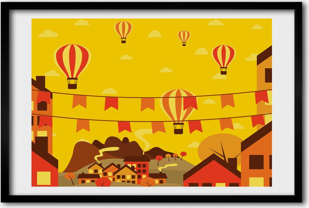 Bild 60x40 MDF-Rahmen, Wandkunst Ballons über die Stadt