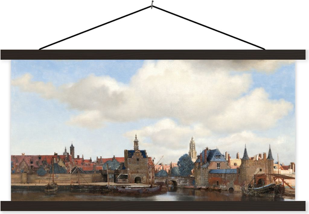 MuchoWow Textilposter Ansicht von Delft - Gemälde von Johannes Vermeer 90x45 cm mit schwarzem Rahmen - Klemmleisten