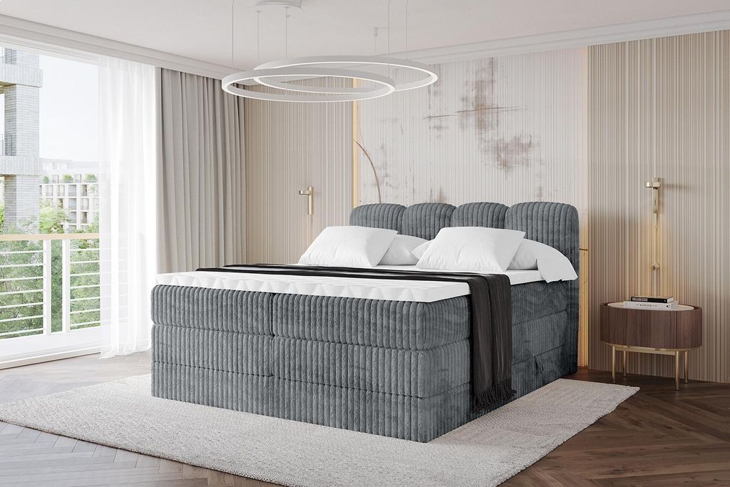 ALTDECOR Boxspringbett - NINA KING - 160x200 Dunkelgrau- Komplett-Set mit H3 und H4 Matratzen und Topper, Polsterbett mit Bettkästen, Lattenrost, ...