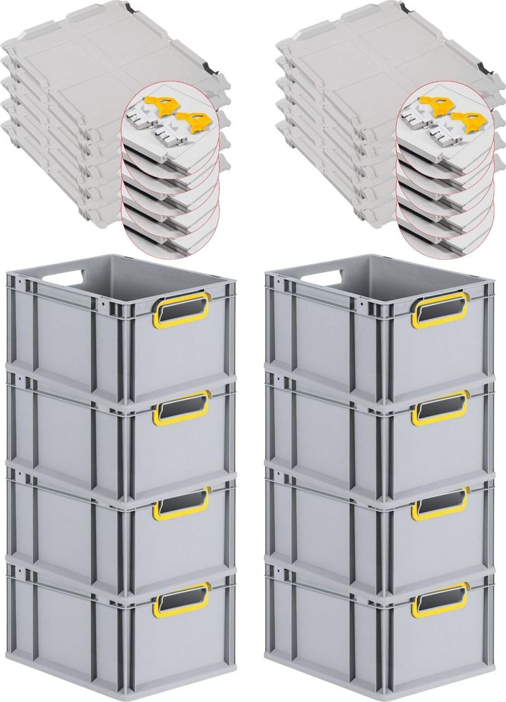 SuperSparSet 8x Eurobox NextGen Color mit Scharnierdeckel und Schiebeschnappverschlüssen | HxBxT 22x30x40cm | 20 Liter | Griffe gelb offen | Glatt...