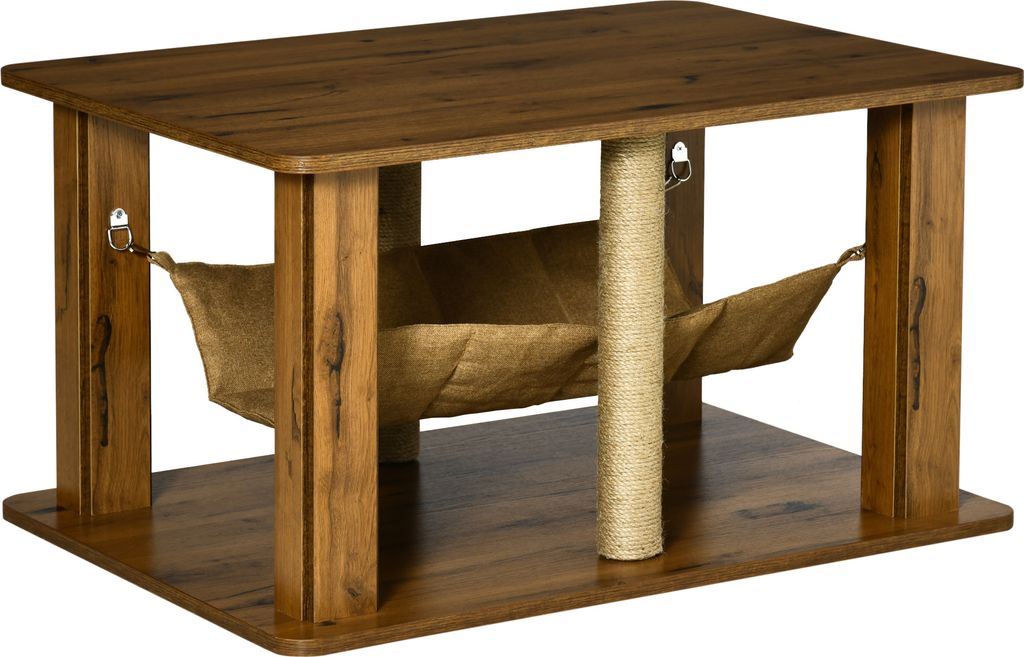 PawHut Katzenhängematten-Couchtisch mit 2 Jute-Kratzstämmen und unterer Ablagefläche 79 x 59 x 45,5 cm, Braun