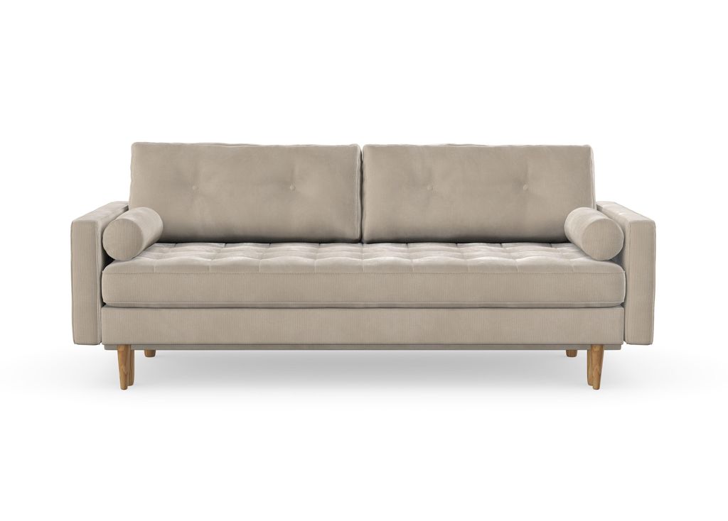 Esme II 3-Sitzer-Sofa mit Schlaffunktion, Massivholzkonstruktion, skandinavischer Stil, gestepptes Sitzkissen, Hohe Beine aus Eichenholz, gewachst,...