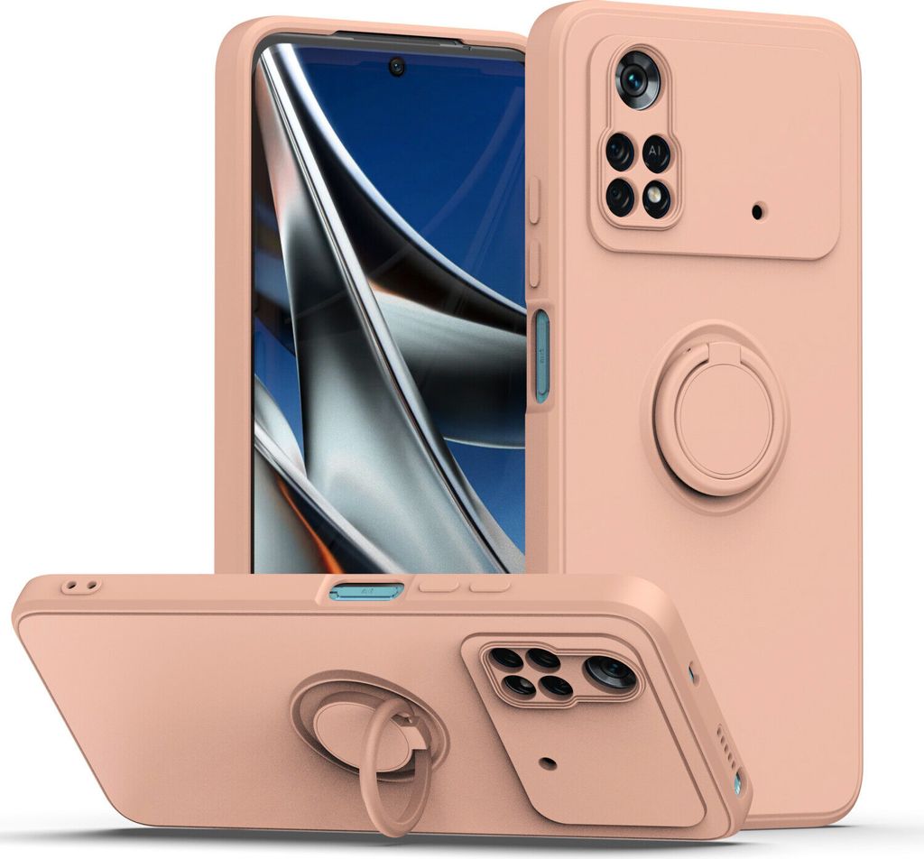 Xiaomi Poco M4 4G Handyhülle, Ring Halter Ständer Kratzfeste Weiche Silikon schutzhülle für Xiaomi Poco M4 4G Pink