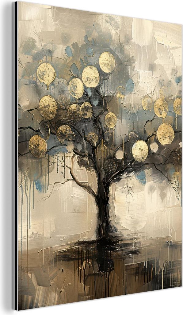 MuchoWow Wanddekoration Metall Metallbild Wandkunst 90x120 cm Beige - Abstrakt - Baum - Gold MuchoWow Aluminium Gemälde - Industrial