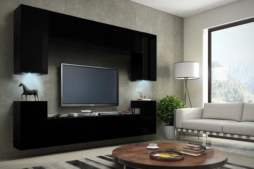 Furnitech Wohnwand Wohnzimmer - Wohnzimmer Möbel mit LED Weiß - Hängend Wohnwand Modern - Regale und TV Schrank (Future C1/M/B/2 -1A MATT)