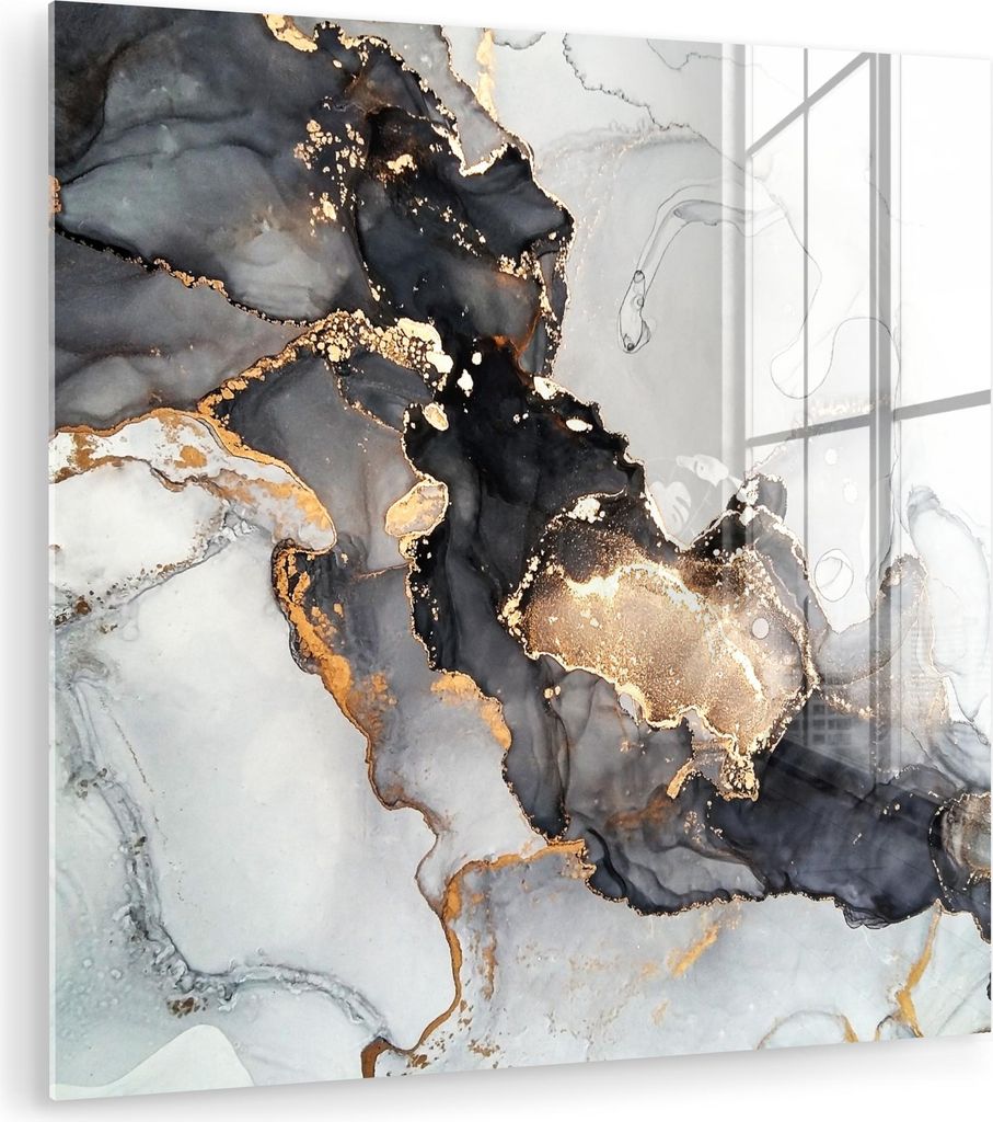 MuchoWow Glasbilder - Bilder auf Wandbild - Foto auf Glas Marmor - Schwarz - Weiß - Gold - Luxus - Abstrakt 30x30 cm Wanddekoration aus Glas - Acr...