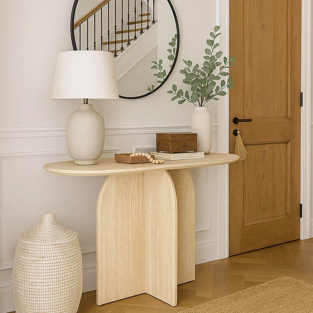 Console ovale 120cm beige effet travertin pour petits espaces
